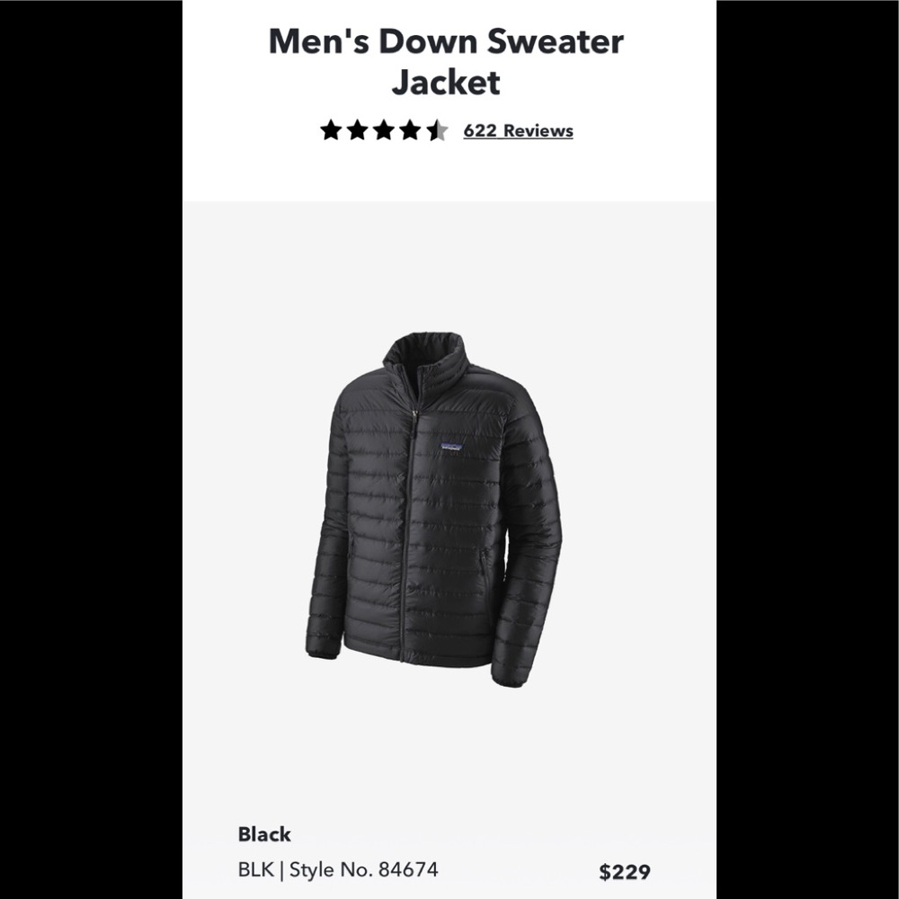 Patagonia down sweater jacket (men’s) in black.